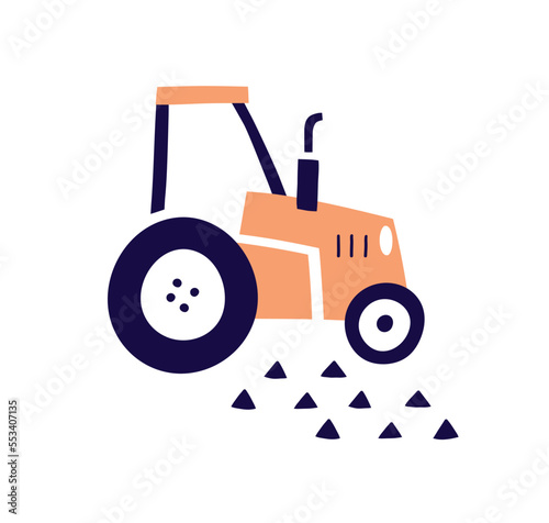 Cute Scandinavian farm field tractor. Kids agriculture transport in Scandi st...