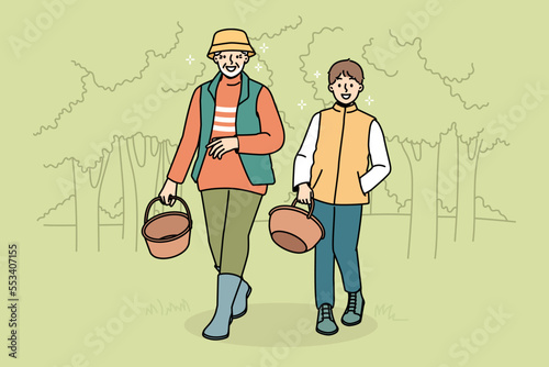 Smiling grandfather and grandson walking in forest with baskets. Happy granddad and grandchild look for mushrooms in wood together. Vector illustration. 
