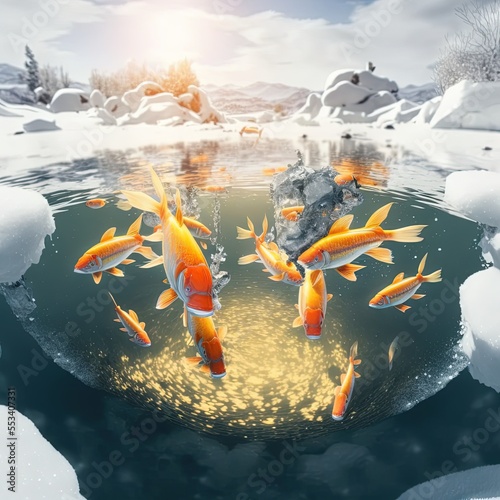 illustration of goldfishes in a frozen pond made with generative ai photo