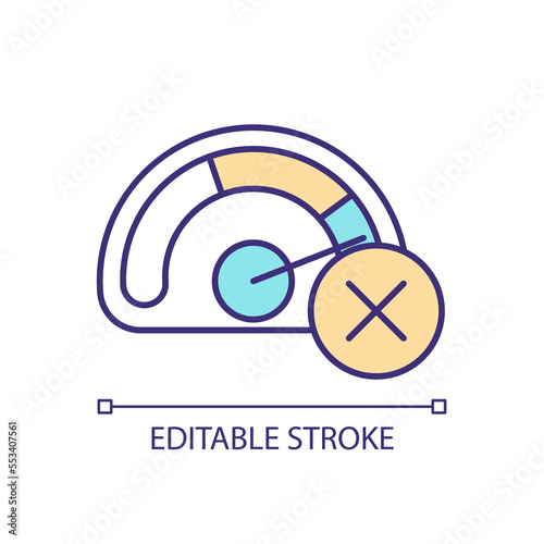 Exceeding limits RGB color icon. Maximum at speedometer. Restriction of quickness. Forbidden indicators. Isolated vector illustration. Simple filled line drawing. Editable stroke. Arial font used