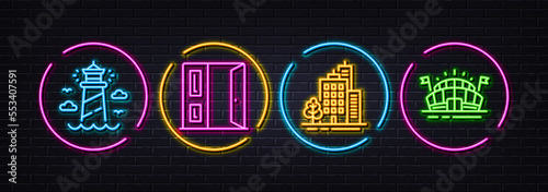 Buildings, Open door and Lighthouse minimal line icons. Neon laser 3d lights. Sports arena icons. For web, application, printing. City architecture, Entrance, Beacon tower. Event stadium. Vector