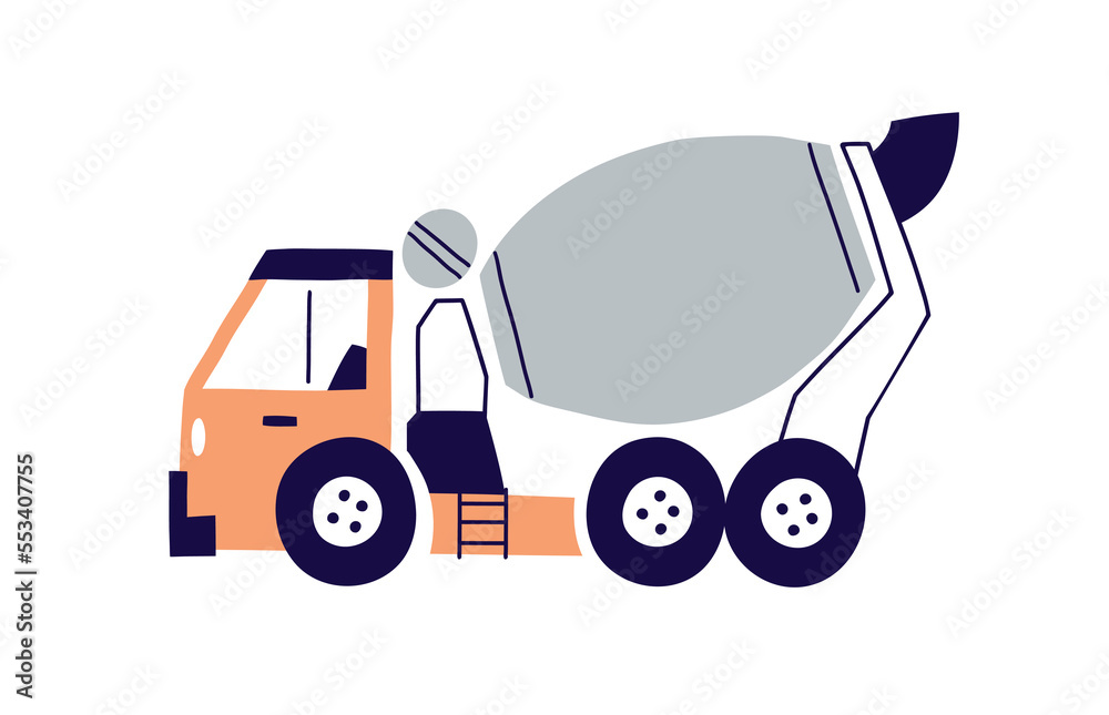 Naklejka premium Concrete mixer truck in Scandinavian style. Construction car toy, heavy industry vehicle with cement, beton. Industrial transport. Childish flat vector illustration isolated on white background