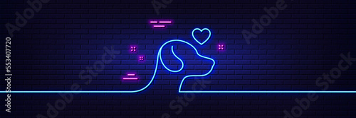 Neon light glow effect. Pets care line icon. Veterinary clinic sign. Dog health symbol. 3d line neon glow icon. Brick wall banner. Pets care outline. Vector