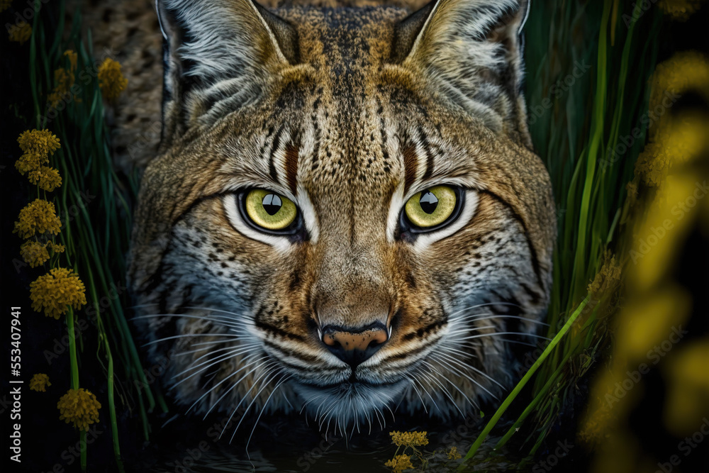 Obraz premium Сlose up portrait of an lynx. Siberian lynx portrait. Dangerous predator in natural habitat. Digital artwork