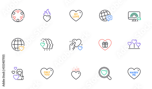 Love, Love heart and Inclusion line icons for website, printing. Collection of Hold heart, World brand, Friends couple icons. Romantic gift, Lgbt, Marry me web elements. Only you. Vector