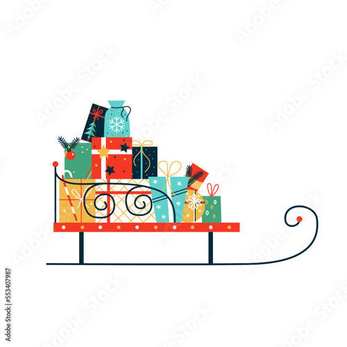 Vector illustration with colorful Christmas sleigh full of presents. Object isolated on white background.
