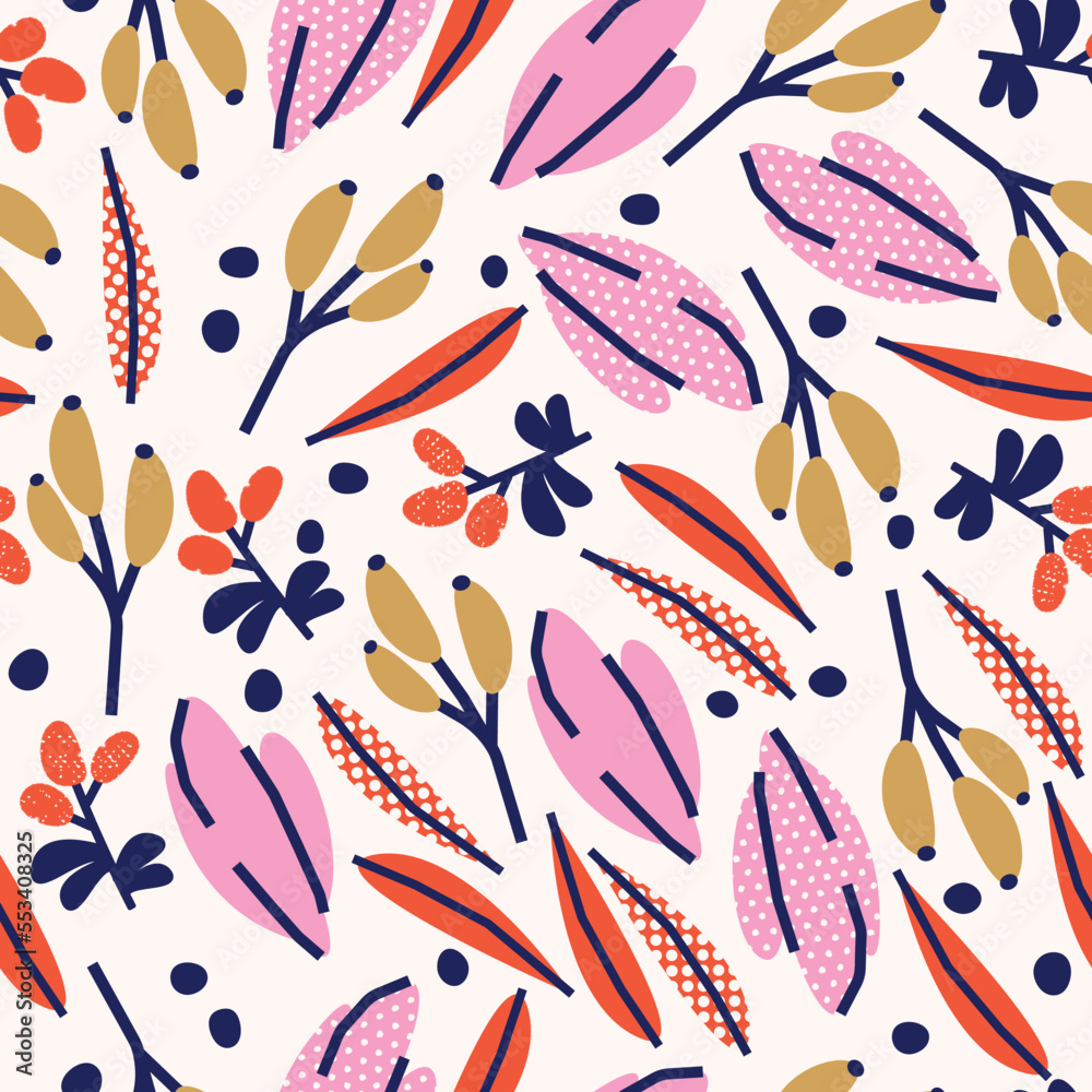 Cute botanical seamless pattern with flowers and berries. Vector background, print, design
