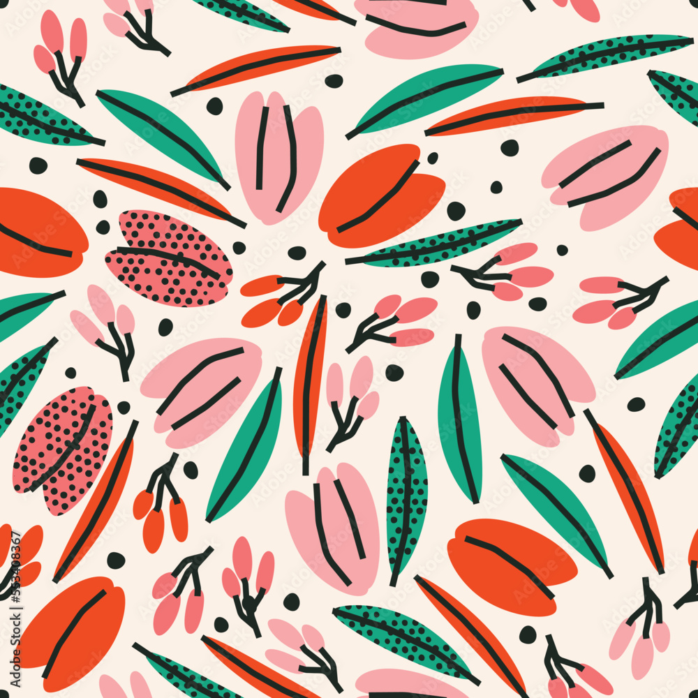 Naklejka premium Cute botanical seamless pattern with flowers and berries. Vector background, print, design