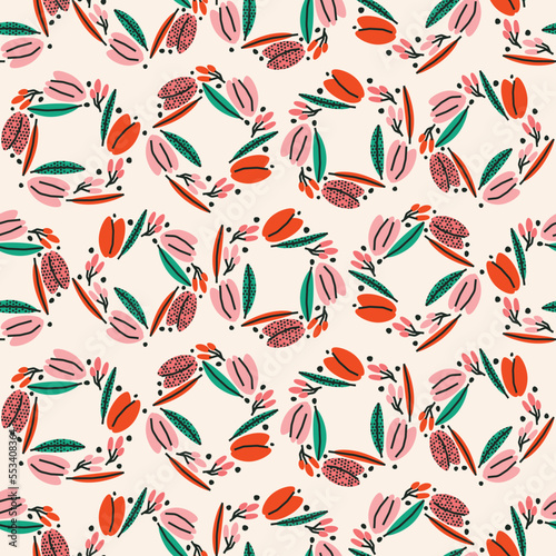 Stylish print, seamless pattern, background with floral wreaths. Cute vector botanical illustration