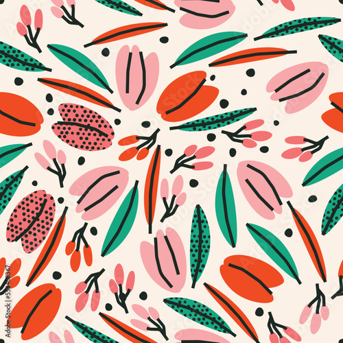 Cute botanical seamless pattern with flowers and berries. Vector background, print, design