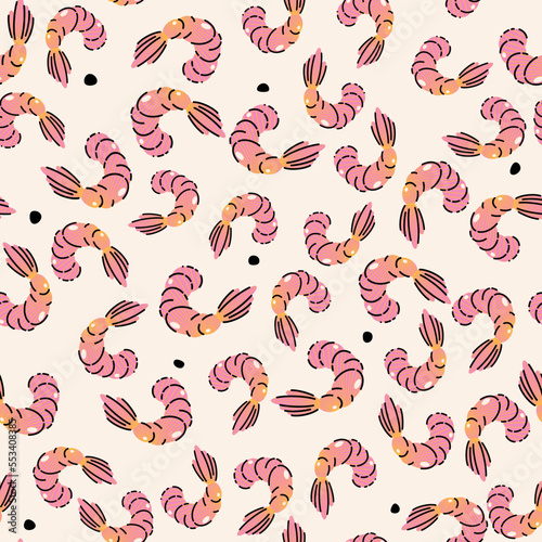 Seamless pattern, background, wrapping paper, illustration, postcard, print with colorful cute shrimps in vector