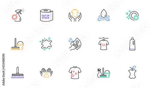 Clean dishes, Coronavirus spray and Dry t-shirt line icons for website, printing. Collection of Cleaning mop, Organic waste, Clean t-shirt icons. Water splash, Dirty spot. Vector