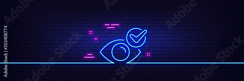 Neon light glow effect. Check eye line icon. Oculist clinic sign. Optometry vision symbol. 3d line neon glow icon. Brick wall banner. Check eye outline. Vector