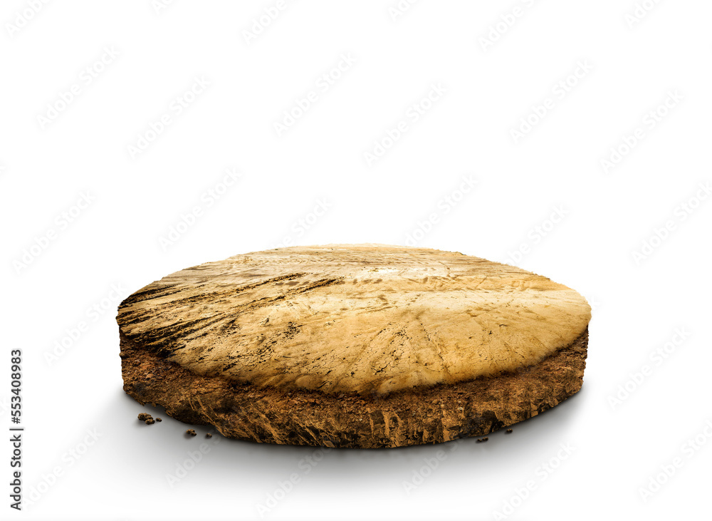 3D Illustration, round soil ground cross section with Empty dry soil, land plot for housing construction project, ground ecology, cutaway terrain floor with rock isolated on white background. 3D Illustration, round soil ground cross section with Empty dry soil, land plot for housing construction project, ground ecology, cutaway terrain floor with rock isolated on white background.