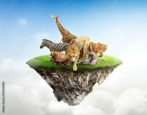 Photography Concept Nature reserve conserve Wildlife reserve tiger Giraffe Global warming Ecology, fantasy island with wild animals floating in the sky