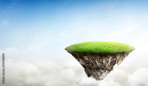 round soil ground cross section with earth land and green grass. fantasy floating island natural on the rock surreal float landscape with paradise concept on top of blue sky. 3d illustration.
