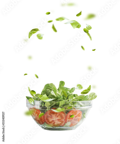 Isolated of glass salad bowl with flying green lettuce leaves, frame