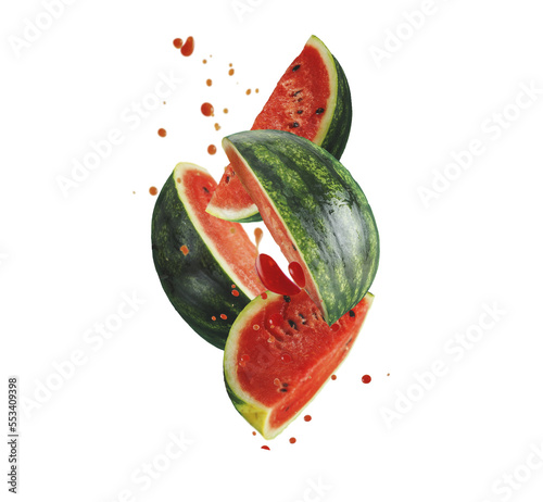 Flying pieces of watermelon with juice splashing and drops, isolated photo