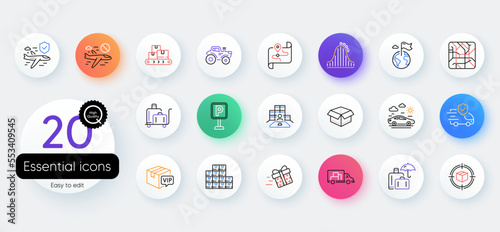 Simple set of Vip parcel, Tractor and Truck transport line icons. Include Cancel flight, Metro map, Transport insurance icons. Present delivery, Map, Wholesale goods web elements. Vector