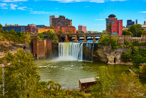 Rochester New York stunning large waterfall in city with skyline