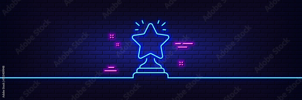 Neon light glow effect. Rank star line icon. Success reward symbol. Best result sign. Winner cup. 3d line neon glow icon. Brick wall banner. Winner outline. Vector