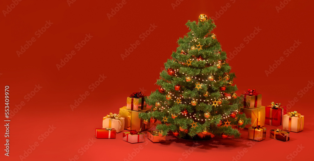 クリスマスツリーとプレゼント　赤背景　3D