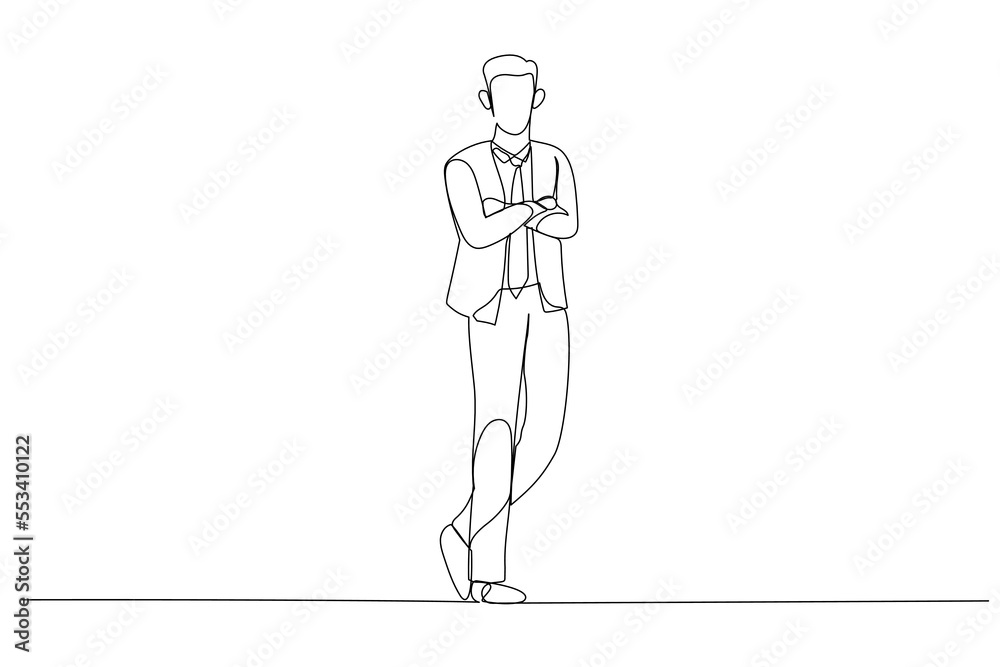 Drawing of businessman cross his hands standing feeling confident. Single continuous line art style Drawing of businessman cross his hands standing feeling confident. Single continuous line art style