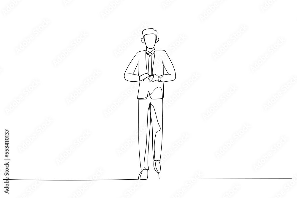Cartoon of full body picture of businessman smiling and adjusting his suit. Single line art style Cartoon of full body picture of businessman smiling and adjusting his suit. Single line art style