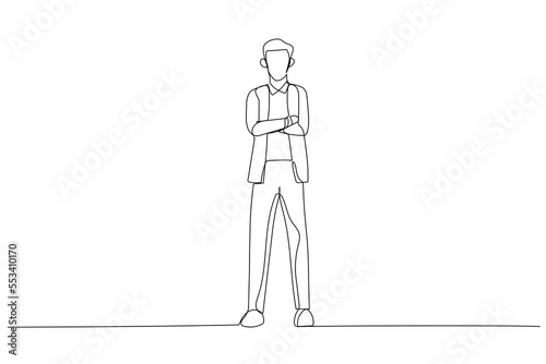 Drawing of serious businessman with crossed arms looking at camera. Single continuous line art style