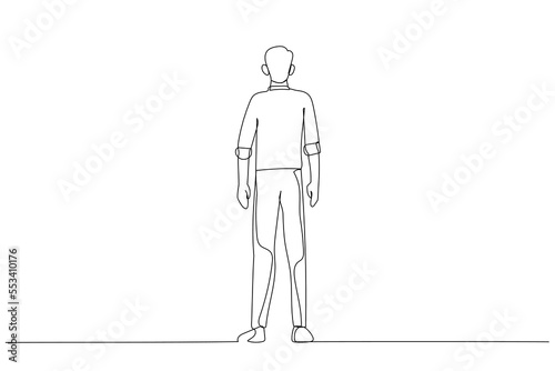 Cartoon of rear view of businessman suit looking at cityscape. One line art style