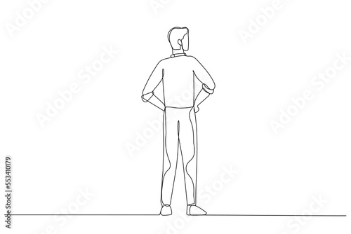 Drawing of businessman in a side view and looks at one hand turned up as if holding something. Single continuous line art style