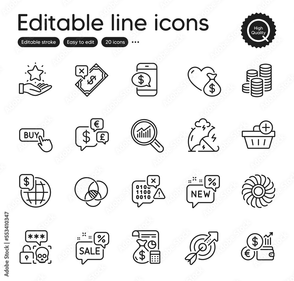 Set of Finance outline icons. Contains icons as Donation, Accounting and New elements. Data analysis, Discounts bubble, Coins web signs. Phone payment, Euler diagram, Add purchase elements. Vector