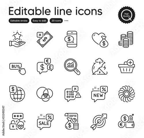 Set of Finance outline icons. Contains icons as Donation, Accounting and New elements. Data analysis, Discounts bubble, Coins web signs. Phone payment, Euler diagram, Add purchase elements. Vector