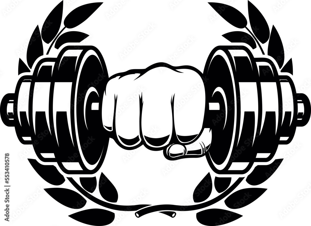 Hand with dumbbell and wreath. Emblem template. Design element for logo ...