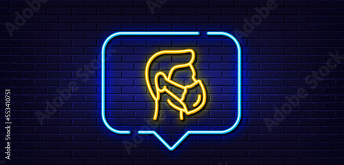 Neon light speech bubble. Medical mask line icon. Safety breathing respiratory mask sign. Coronavirus face protection symbol. Neon light background. Medical mask glow line. Brick wall banner. Vector