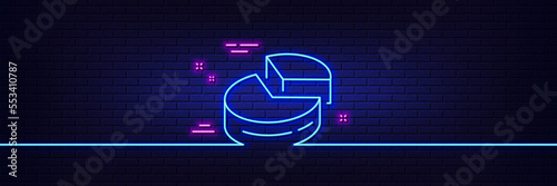 Neon light glow effect. Pie chart line icon. Presentation 3d graph sign. Market analytics symbol. 3d line neon glow icon. Brick wall banner. Pie chart outline. Vector