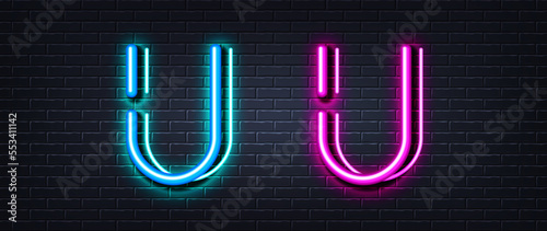 Initial letter U icon. Neon light line effect. Line typography character sign. Large first font letter. Glowing neon light element. Letter U glow 3d line. Brick wall banner. Vector