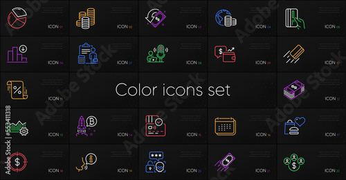 Set of Food donation, Bitcoin project and Pie chart line icons. Include Usd currency, Payment card, Operational excellence icons. Decreasing graph, Budget, Dollar target web elements. Vector