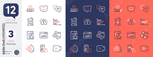 Set of Dots message, Coffee maker and Currency rate line icons. Include Solar panels, Warning, Video camera icons. Mobile survey, Horizontal chart, Smile chat web elements. Web traffic. Vector