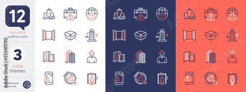 Set of Global engineering, Warning message and Elevator line icons. Include Open door, Inspect, Engineer icons. Lighthouse, Buildings, Warning briefcase web elements. Skyscraper buildingsBrush. Vector