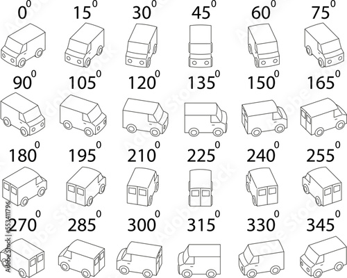 A set of 24 minivans from different angles. Rotation of the van in outline by 15 degrees for animation.  