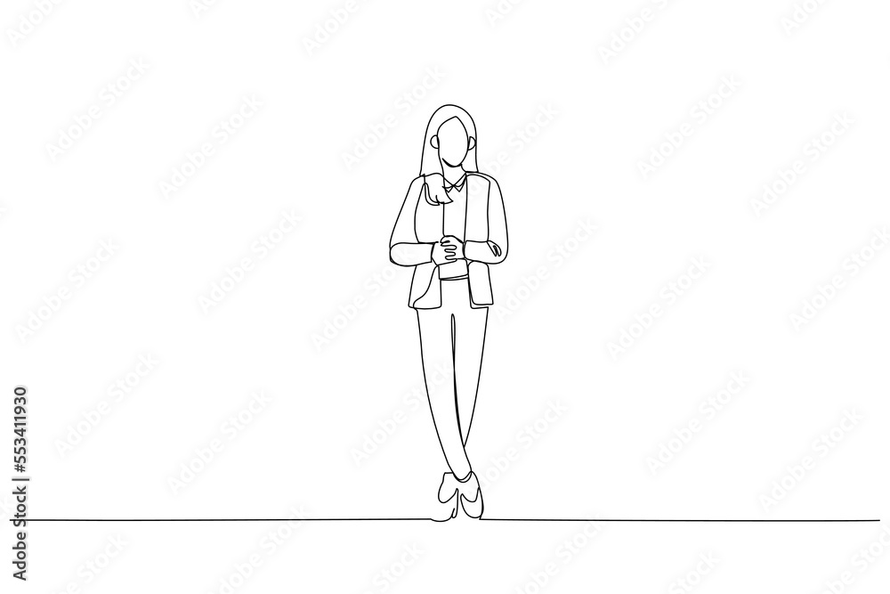 Cartoon of attractive businesswoman in suit posing while standing with arms crossed and looking at camera. One line art style Cartoon of attractive businesswoman in suit posing while standing with arms crossed and looking at camera. One line art style