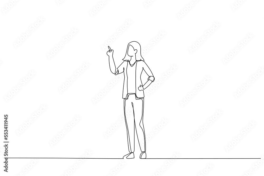 Fototapeta premium Cartoon of cheerful businesswoman standing and pointing finger away. Single line art style