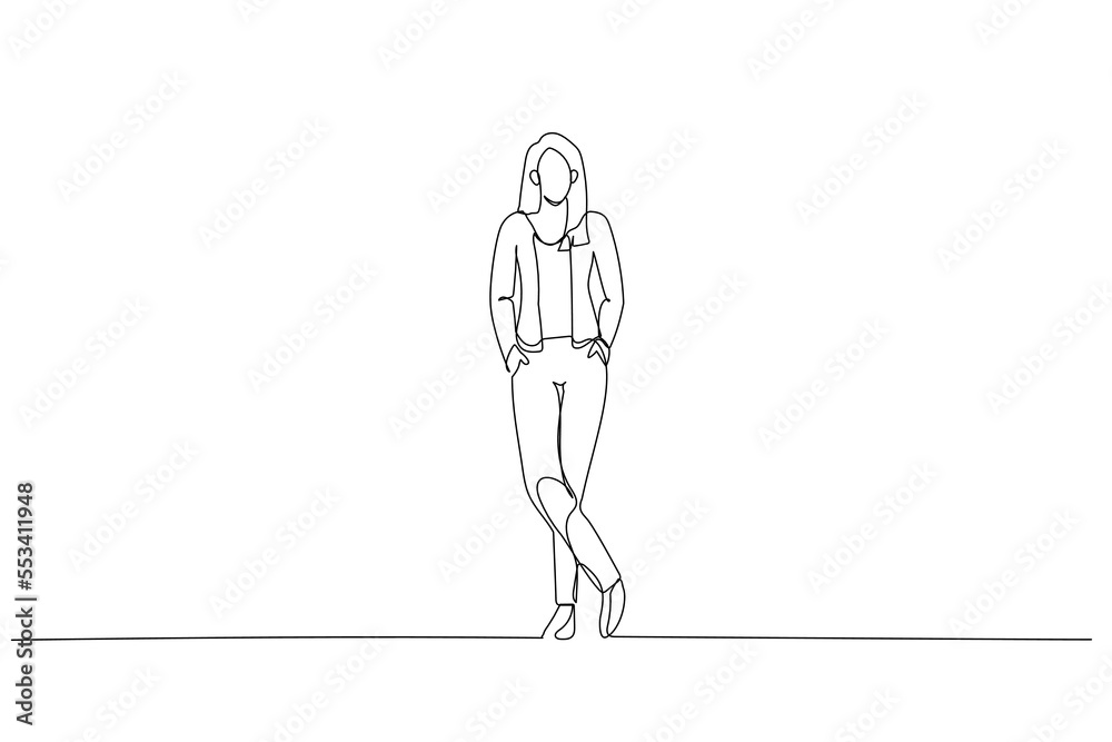 Drawing of standing businesswoman model posing with hands in pockets. Continuous line art