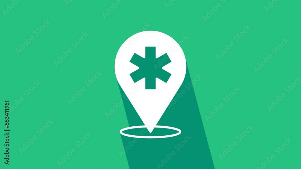 White Medical map pointer with cross hospital icon isolated on green background. 4K Video motion graphic animation White Medical map pointer with cross hospital icon isolated on green background. 4K Video motion graphic animation