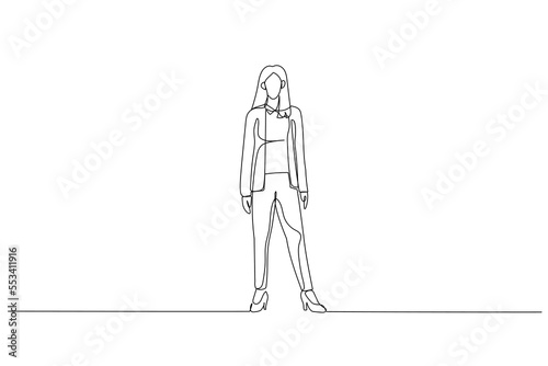 Drawing of business woman standing and posing for camera. Single continuous line art style