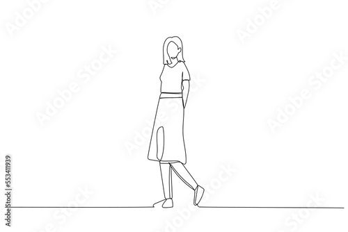 Cartoon of young businesswoman wearing dress. One line art style