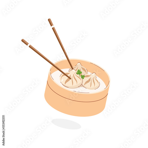 Asian food, Xiao long bao, steamed Chinese buns in a bamboo basket on white background. Vector illustration