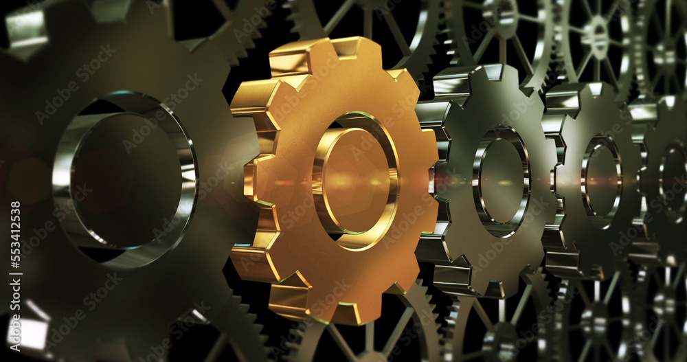 Mechanical Gears Slowly Rotating. Golden Colored Gear On Center