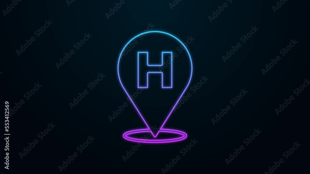 Glowing neon line Medical map pointer with cross hospital icon isolated on black background. 4K Video motion graphic animation Glowing neon line Medical map pointer with cross hospital icon isolated on black background. 4K Video motion graphic animation
